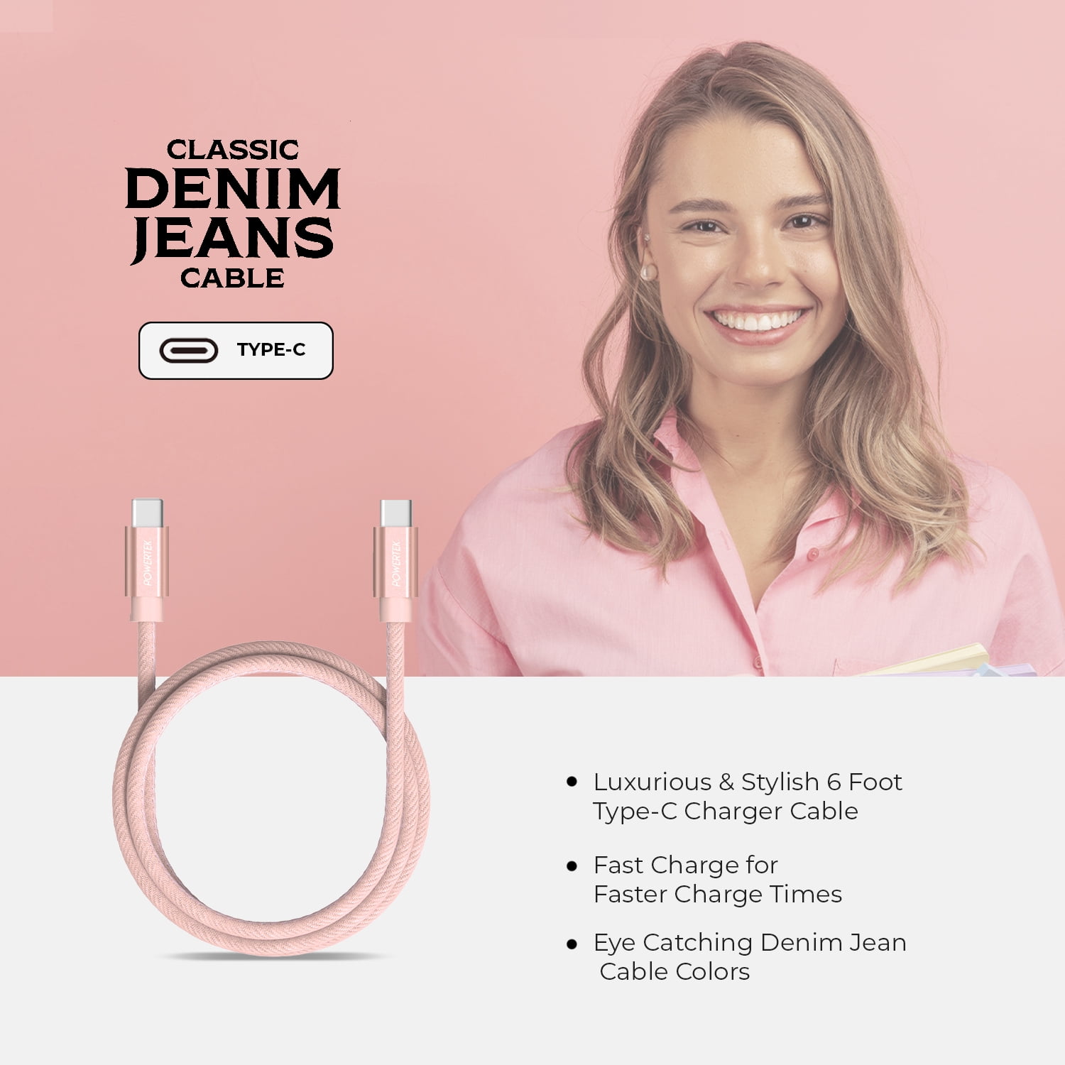Liquipel Powertek Denim 6' USB-C to USB-C Cable, Pink