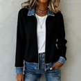thumbnail image 2 of BODOAO Women's Ribbed Knit Zip Up Jacket, Denim Collar Cuff Patchwork Cardigan, Casual Long Sleeve Bomber Coat for Fall Winter Work, Vacation and Daily Wear Black L, 2 of 4