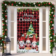 Christmas Gnome Door Cover with Red Truck Buffalo Plaid Banner, Merry Christmas Backdrop Decoration for Winter Holiday Party, 70.9 x 35.4 Inches