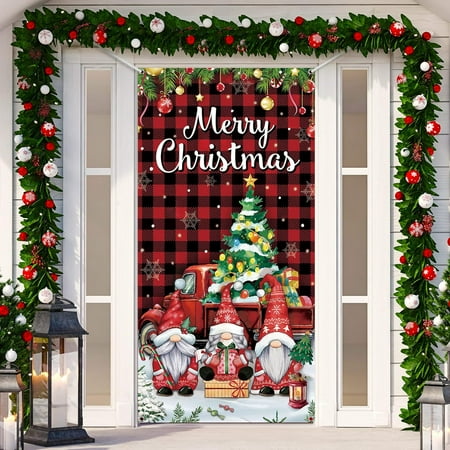 Christmas Gnome Door Cover with Red Truck Buffalo Plaid Banner, Winter Holiday Party Backdrop Decoration, 70.9 x 35.4 Inches
