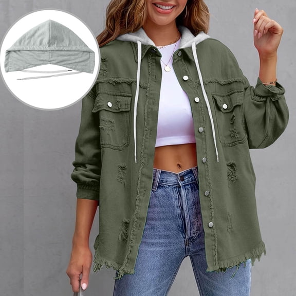 Women’s Distressed Denim Jacket with Detachable Hood, Casual Button Down Long Sleeve Jean Coat, Frayed Hem Distressed Retro Outerwear, Army Green L