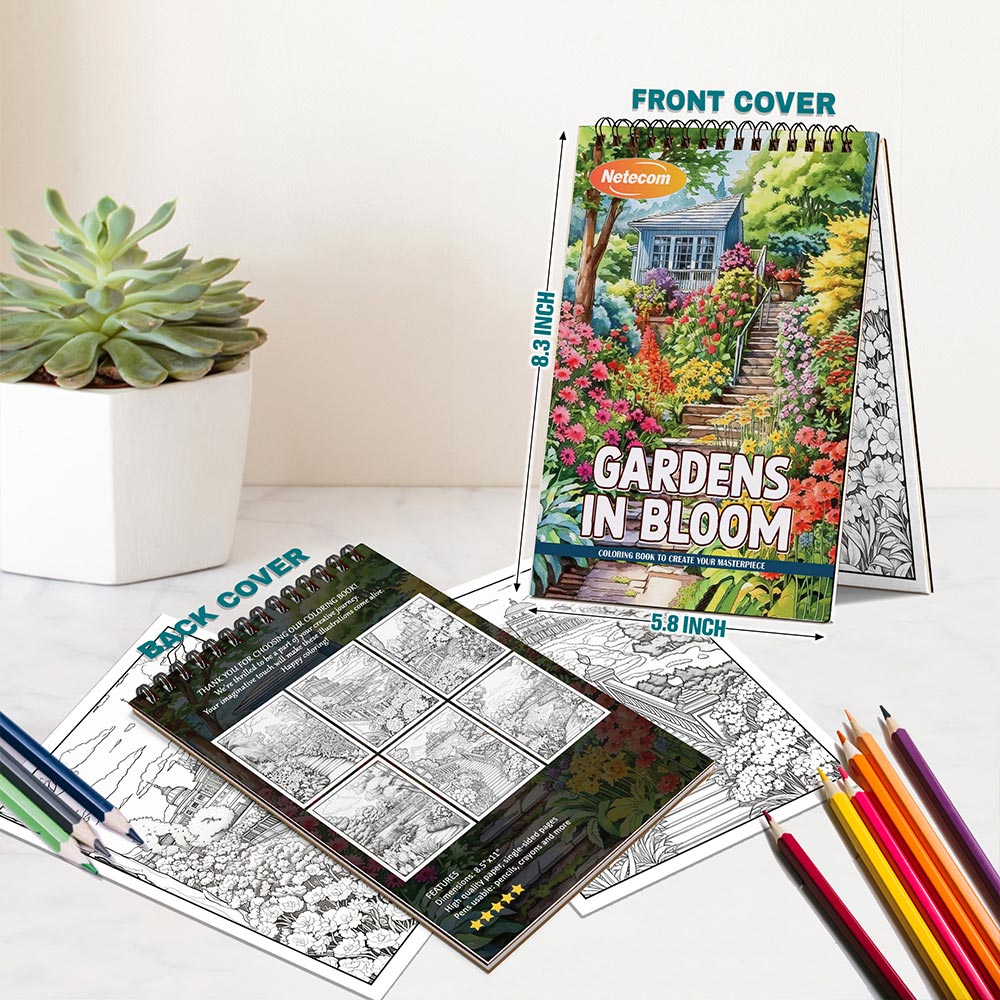 Gardens in Bloom Coloring Book Spiral Bound For Adults, A5 Wooden Cover, 30 Serene Coloring Pages of Blooming Flowers and Tranquil Landscapes for Stress Relief and Relaxation