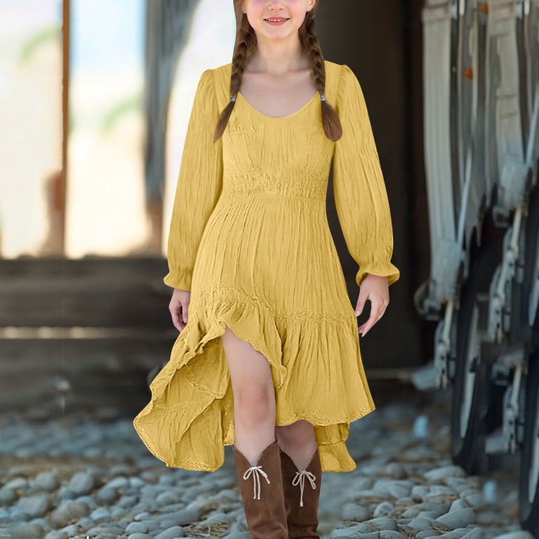 Hinvhai Girl Fall Boho Dress Kid Long Sleeve Tween A-Line Dresses Clothes Yellow 130(130)