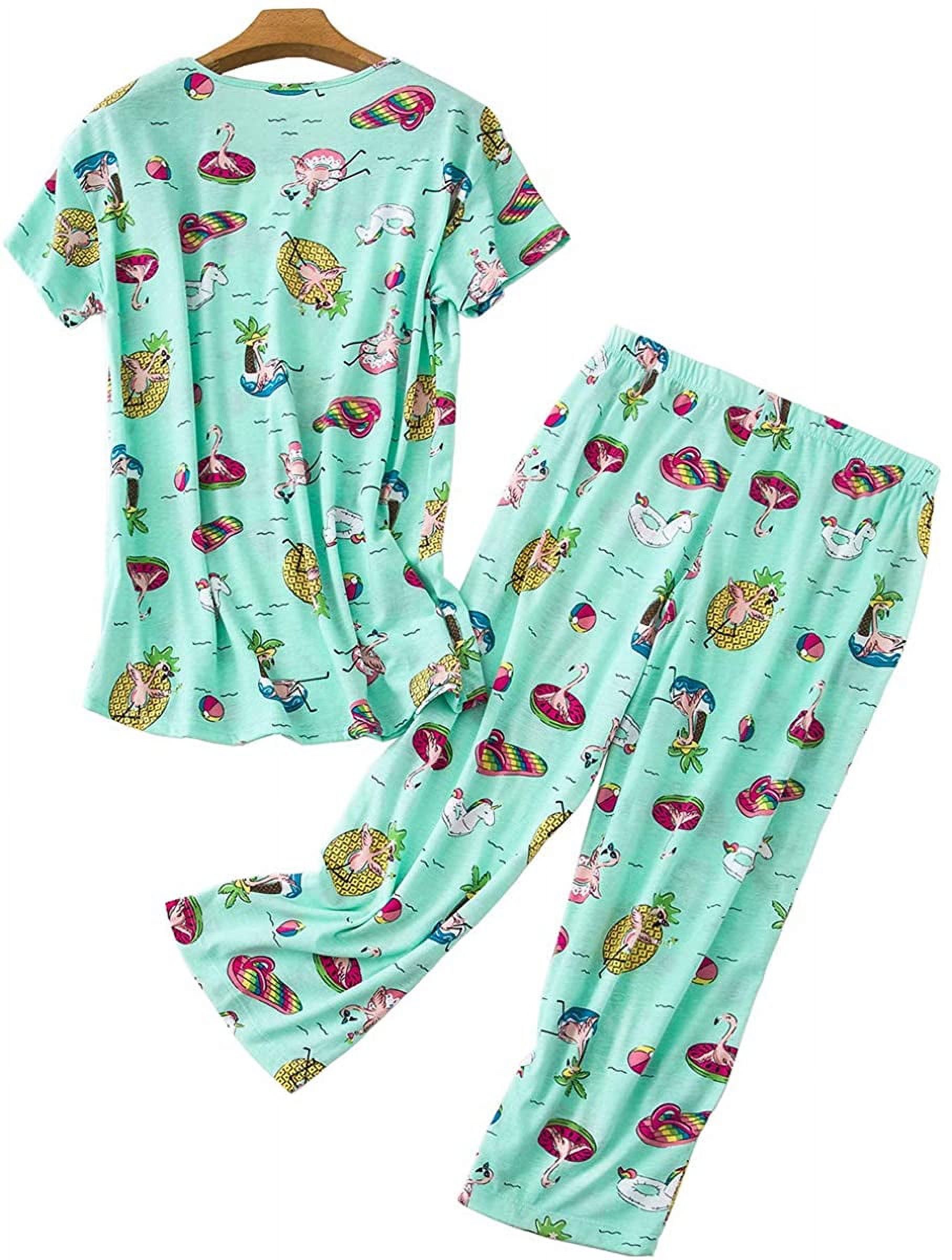 Women Cotton Pajamas Set Short Sleeve Top Capri Pants Sleepwear Plus ...