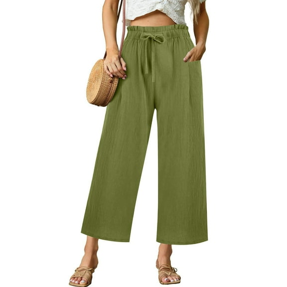 Jxximdong Pants for Women Women's Linen Wide Leg Pants Casual Loose High Waist Beach Haren Pants Pockets Green L Trousers