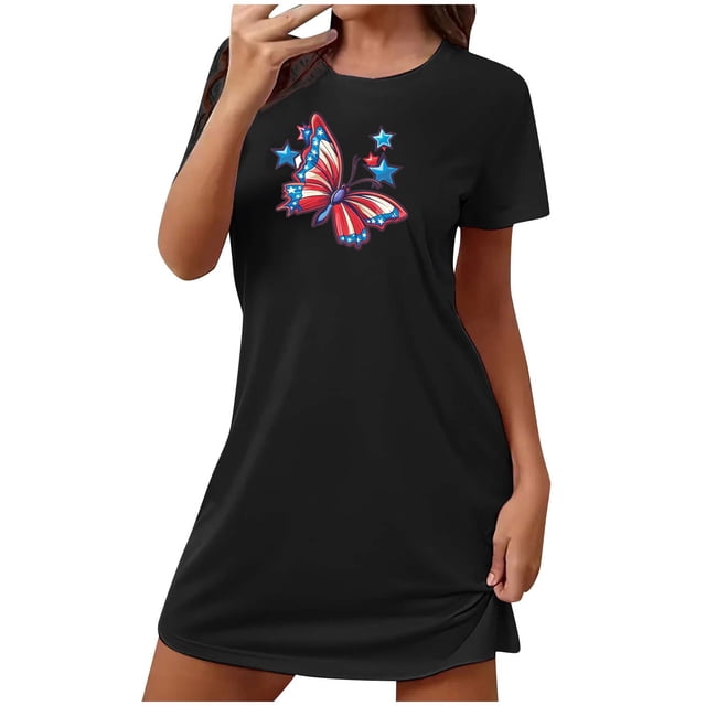 Tnhcen Robe de Nuit d'Été Grande Taille pour Femmes à Manches Courtes – Col Rond Imprimé Mignon devant Polyester Spandex Doux P-2TG pour Maison Confortable/détente