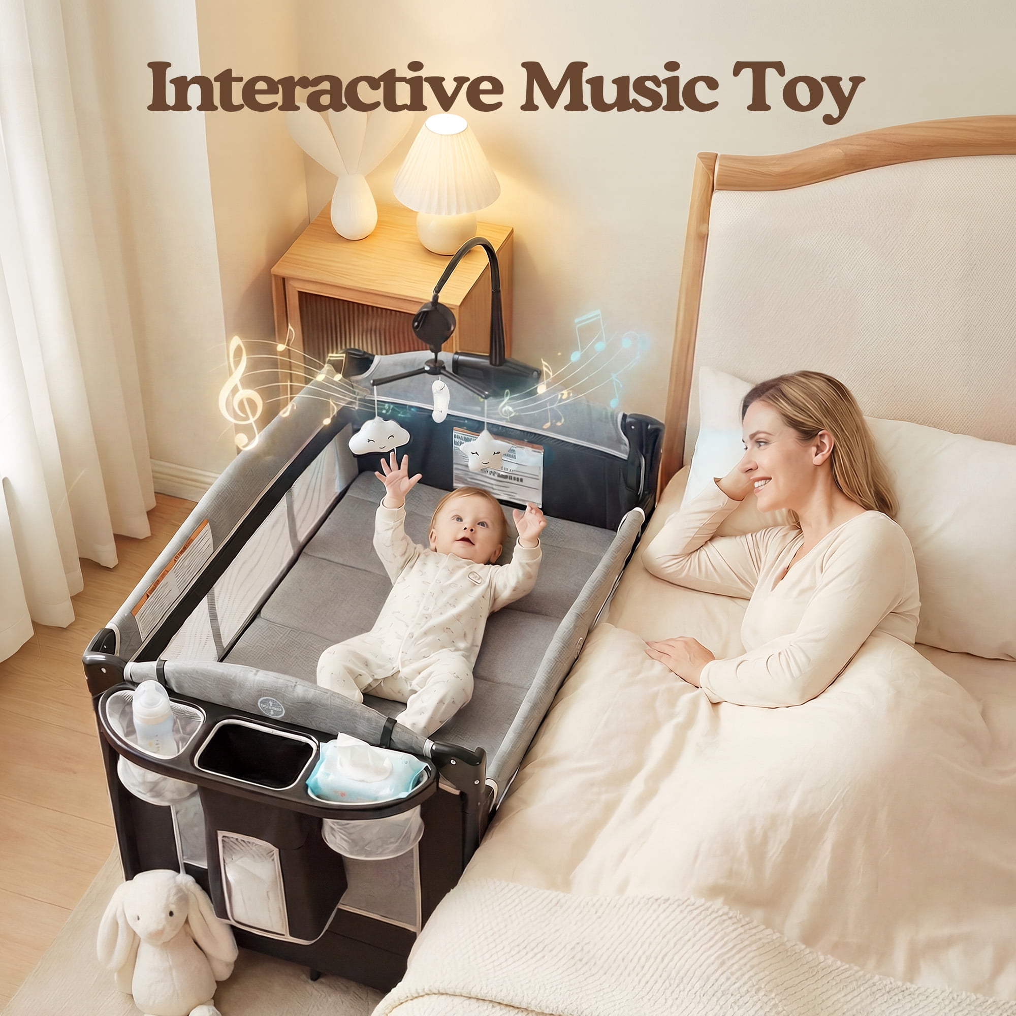 LINLUX Foldable Baby Bedside Crib Bassinet, Infant Pack and Play Playard, Newborn Playpen Changing Table,Dark Gray