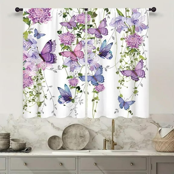 Purple Butterfly Window Curtains 26W X 24L Inches 2 Panels Rod Pocket Spring Floral Lavender Curtains Lilac Summer Leaves Plant Girly Window Drapes Treatment Living Room Bedroom Home Decor