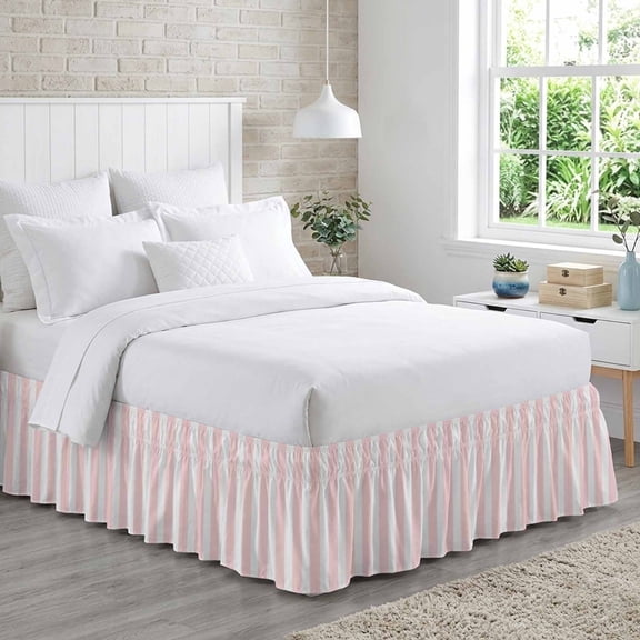 Bed Skirt Pink and White Striped Adjustable Elastic Wrap-Around Dust Ruffle with Gradient 18 Inch Drop, Bed Frame Cover for Queen Size Bed