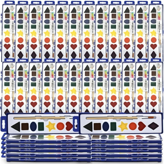 Color Swell Watercolor Paints 36 Pack with Shapes for Learning with Strong Wood Brush 8 Colors Washable Water Colors
