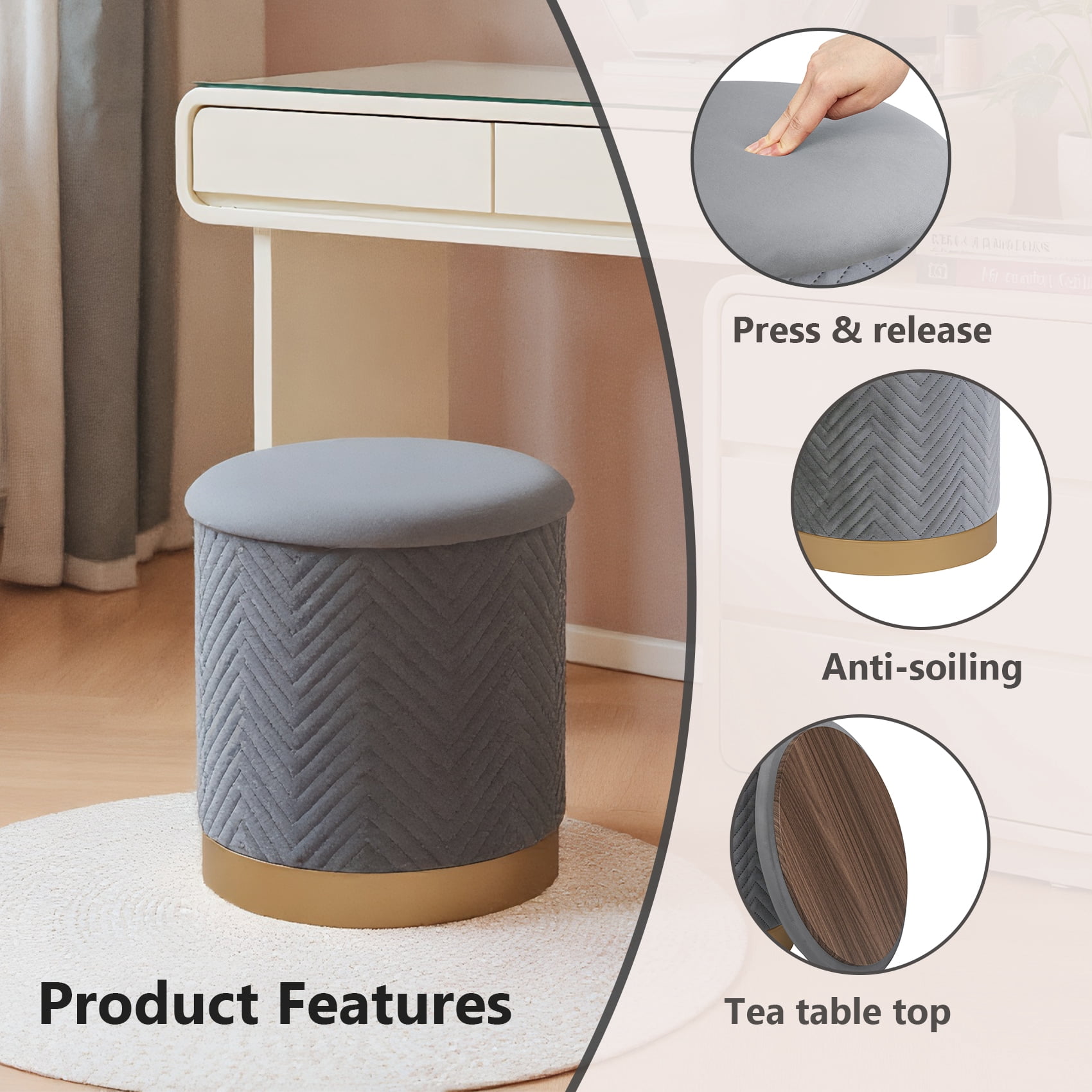 PINPLUS 15" Round Storage Ottoman with Tray Gold Edge Stool Leg Foot Rest for Living Room Gray,Velvet Fabric