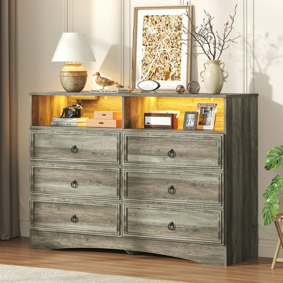 Frmobepts 6 Drawer Dresser with LED Lights, Wide Chest of Drawers for Bedroom, Vintage Storage Cabinet Organizer for Living Room, Closet, Hallway, Gray