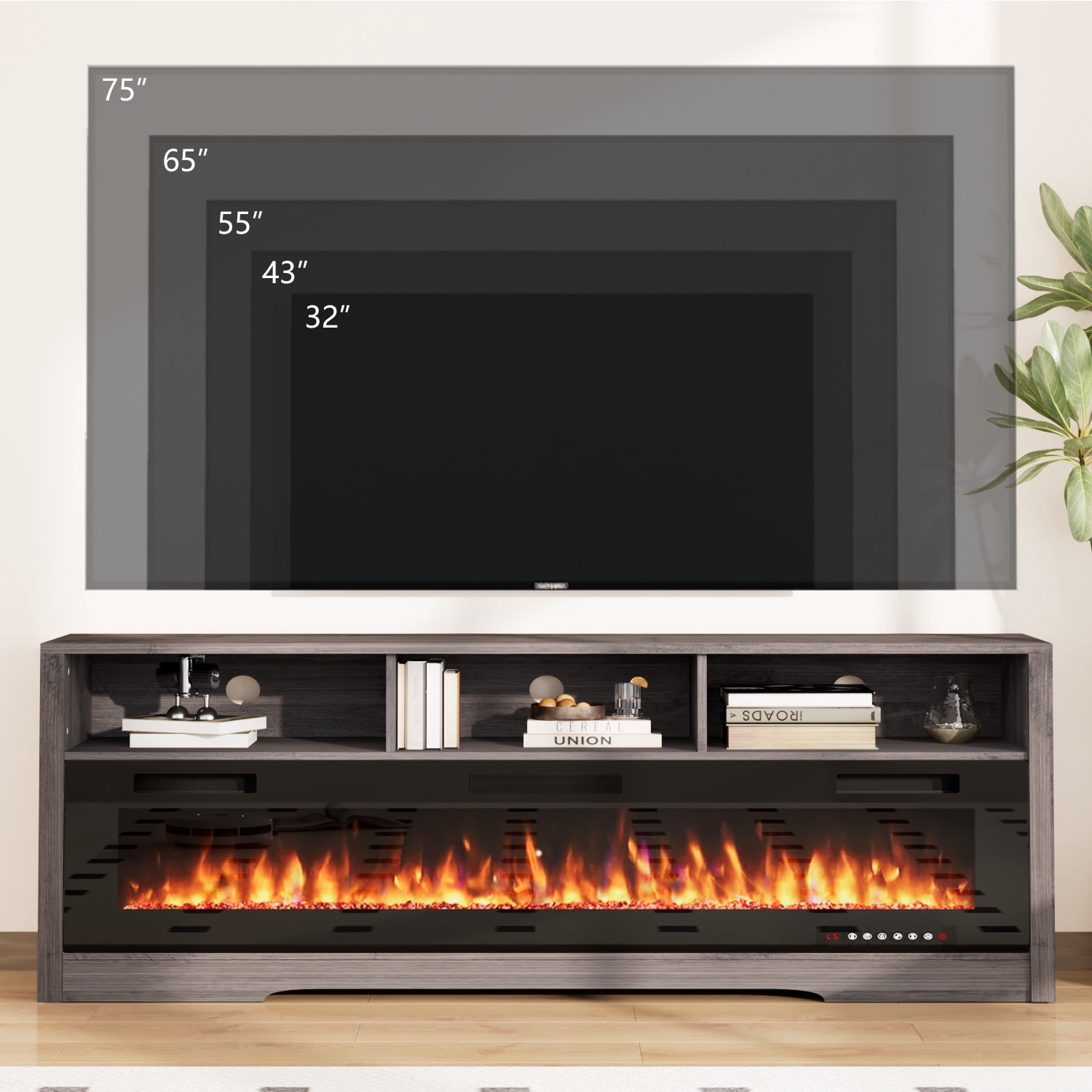 BOSSIN 65 Inches Fireplace TV Stand with 60" Electric Fireplace Up to 75" TV, Entertainment Center with Open Shelve Storage for Living Room