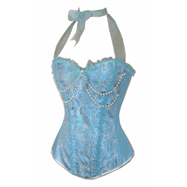 Linda cadena de perlas adornada con cinta de encaje halter azul divertido corsé Fridja nalpqowj6158