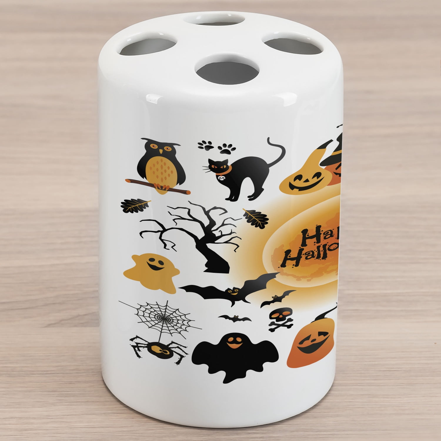 Halloween Ceramic Toothbrush Holder, All Hallows Day Objects Haunted House Owl and Trick or Treat Candy Black Cat, Decorative Versatile Countertop for Bathroom, 4.5' X 2.7', Orange Black, by Ambesonne