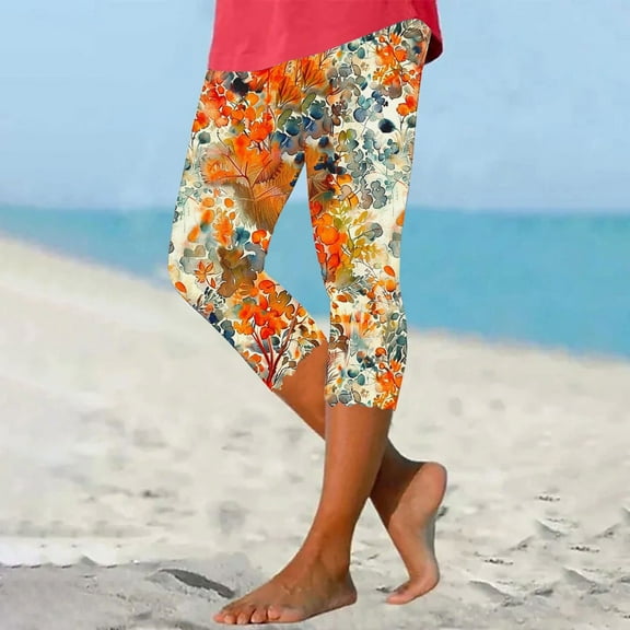 AGWOLF Women Capri Leggings Tummy Control Capris Summer Boho Floral Print Leggings High Waisted Yoga Pants Dressy Cropped Trousers Beach Pants Multicolor 4XL