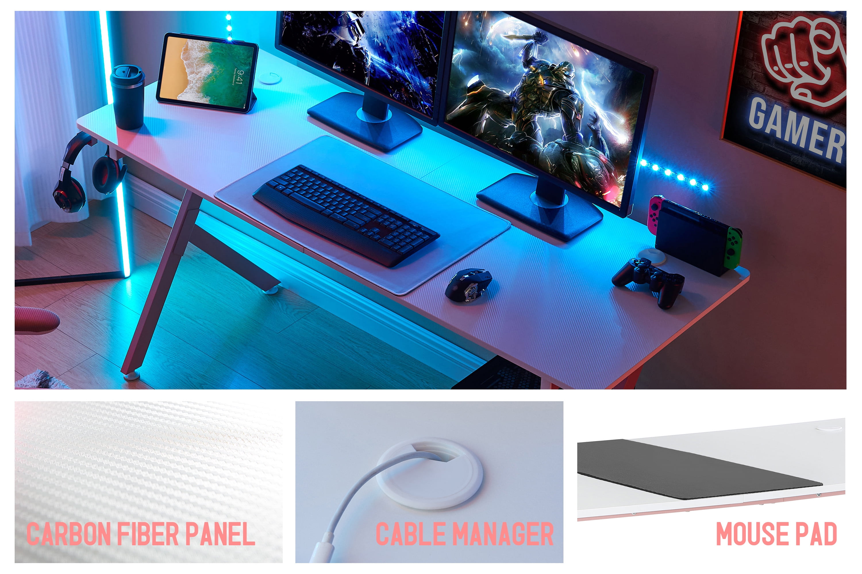 JJS Game Table 63 ", carbon fiber surface computer table, mouse pad, ergonomic e-sports style game table, dual headphone hooks, White pink