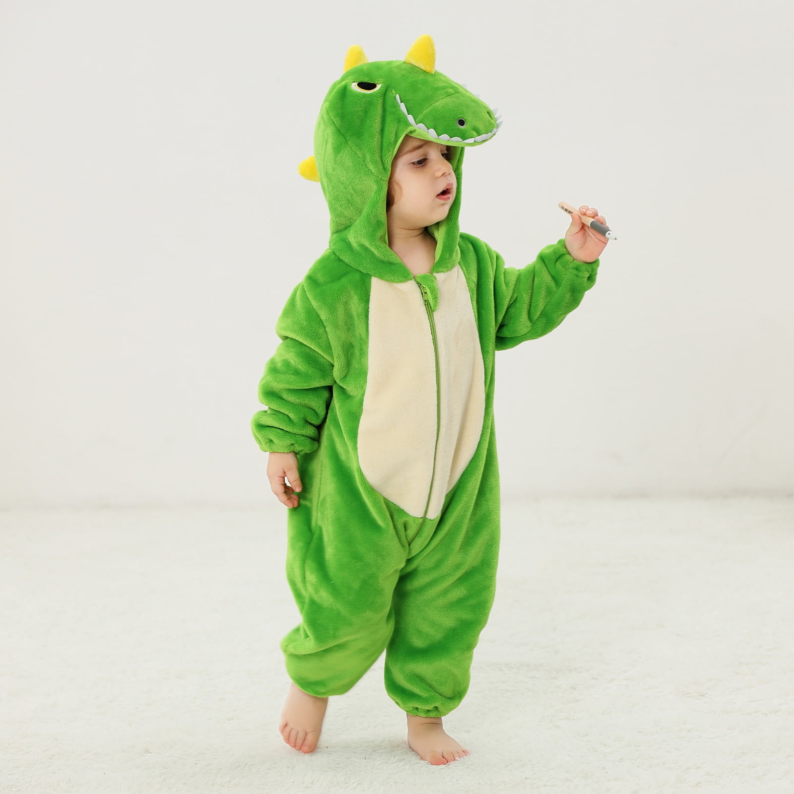FFENYAN Cute Green Dinosaur Baby Onesie Long Sleeve Flannel Romper Unisex Soft Cozy Outfit for Infants Perfect for Playdates and Everyday Wear for 3 Months-3 Years