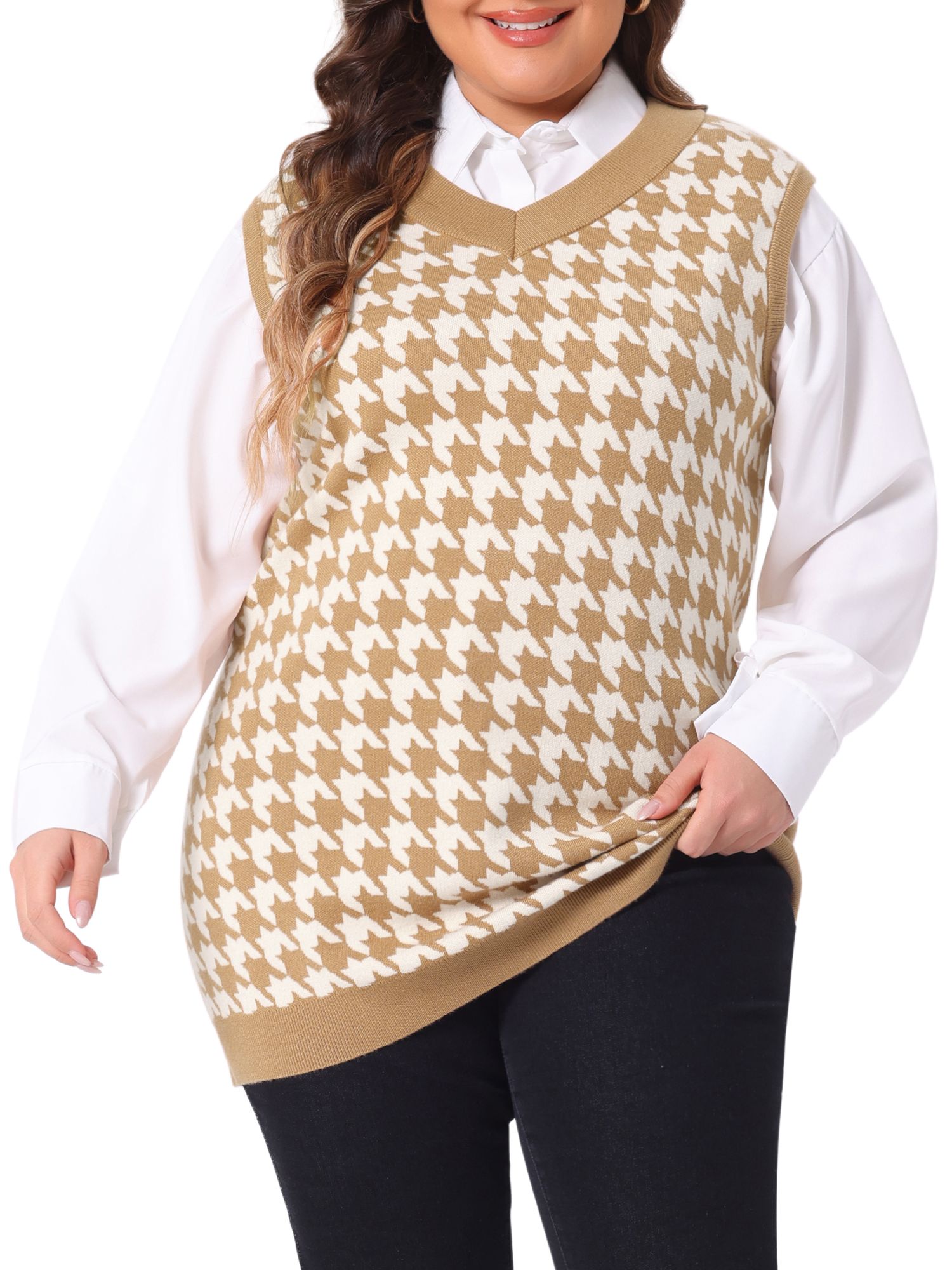 DARING DIVA Women's Plus V Neck Sleeveless Knit Oversized Sweater Vests 3X Brown