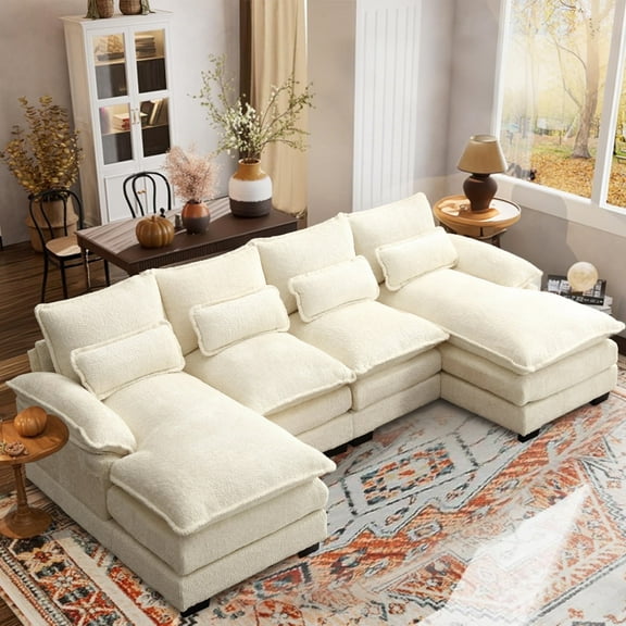 Villeston Modern U-Shape Sectional Sofa , 4 Seat Lounge Sleeper with Double Chaise for Living Room,Beige