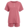 thumbnail image 4 of Women's Solid Color Short-Sleeved Casual Set, Button-Down V-Neck Top & Drawstring Tie-Up Shorts, 2-Piece Loose Lounge Outfit with Pockets – Summer Sportswear, 4 of 5