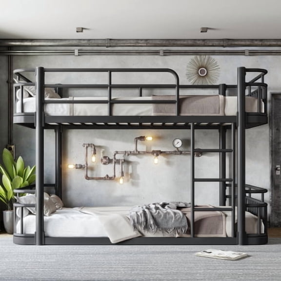 DRNANLIT Twin XL over Twin XL Bunk Bed, Metal Frame with Ladder and Guardrails, Space-Saving Design for Shared Rooms, Black Finish