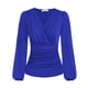 thumbnail image 1 of Women Deep V Neck T Shirt Long Puff Sleeves Ruched Waist Pure Color Loose Fitting Blouse Blue M, 1 of 2