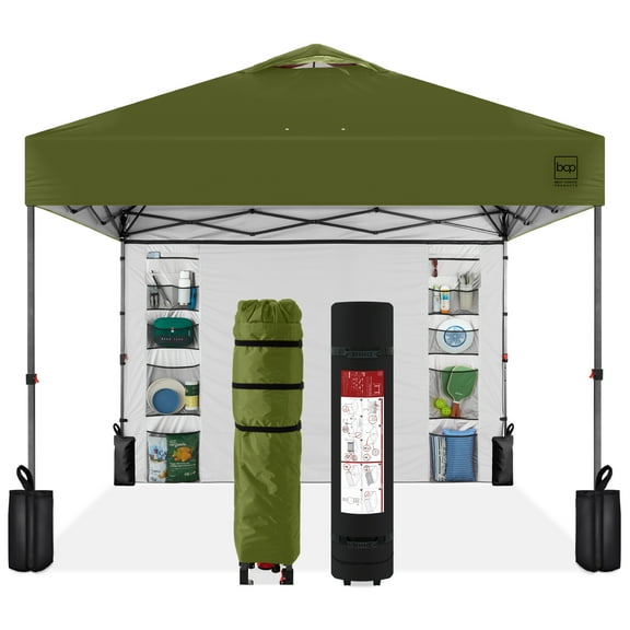 Best Choice Products 10x10ft Easy Setup Pop Up Canopy, Portable Tent w/ Side Wall, 1-Button Push, Case - Olive Green