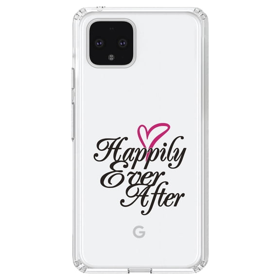 DistinctInk Clear Shockproof Hybrid Case for Google Pixel 4 XL (6.3" Screen) - TPU Bumper Acrylic Back Tempered Glass Screen Protector - Happily Ever After Heart
