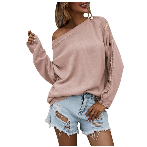 Gibobby Suéter mujer, Suéter de manga larga con cuello redondo para mujer(Rosa,M)