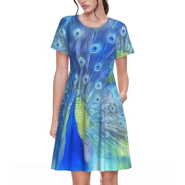 Vsdgher Paon pour Femmes Été 2025 Robes Midi Maxi Décontractées Légères Manches Courtes Col Rond Robe de Plage