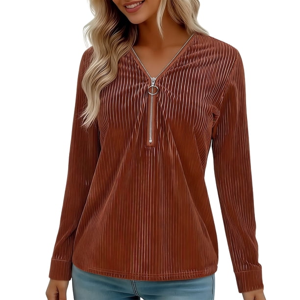 Blusas de Manga Larga para las Mujeres Cremallera de Cuello en V Delantera Color Sólido Top de Moda Casual, Tops de Color Sólido para las Mujeres