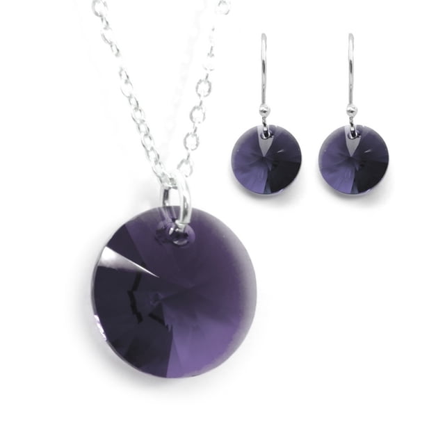 Juego de aretes y cadena ZVEZDA con dije corte Xilion plata mexicana ley .925 Violeta
