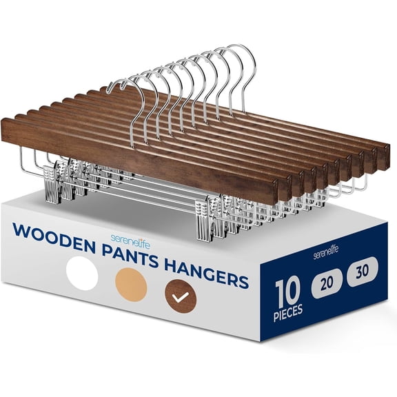 10 Pcs. Premium Wooden Pants Hangers - Heavy Duty Hanger Set with Chrome 360° Swivel Hook and Adjustable Steel Clips, Ideal for Jeans, Slacks, Skirts, and Shorts (Retro)