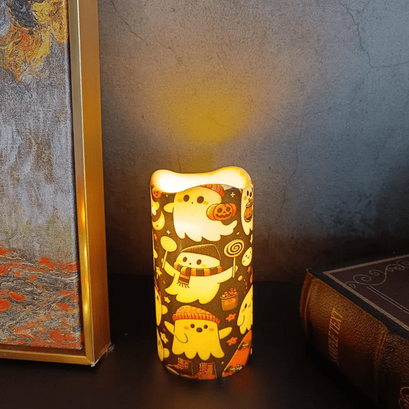 Ghost Flameless Candles with Remote Control, Battery Operated LED Candles Printed Pillar Candles for Wedding Holiday Table Home Halloween Decor，1 Pack