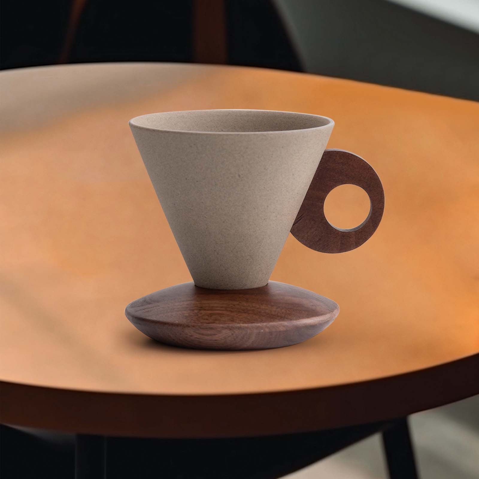 Elegant Conical Ceramic Coffee Cup with Solid Wood Base, Vintage Coarse Pottery Funnel-Shaped Mug for Home, Handcrafted Heat-Resistant Tea Coffee Cup, Pour-Over Espresso Brewing Mug, 200ml
