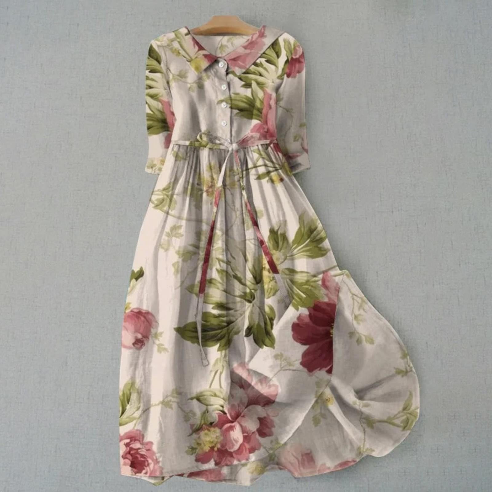 Narabb Maxi Summer Dresses For Women Summer Printed Leisure Three Quarter Sleeve Turndown Collar Dress Green