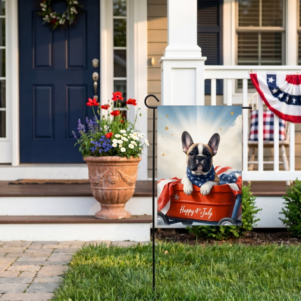 250 years american garden flag A french bulldog sitting in a red wagon with an American flag. Happy 4th July usa 250th anniversary ornament 28x40in House Flag Size patriotic yard decorations