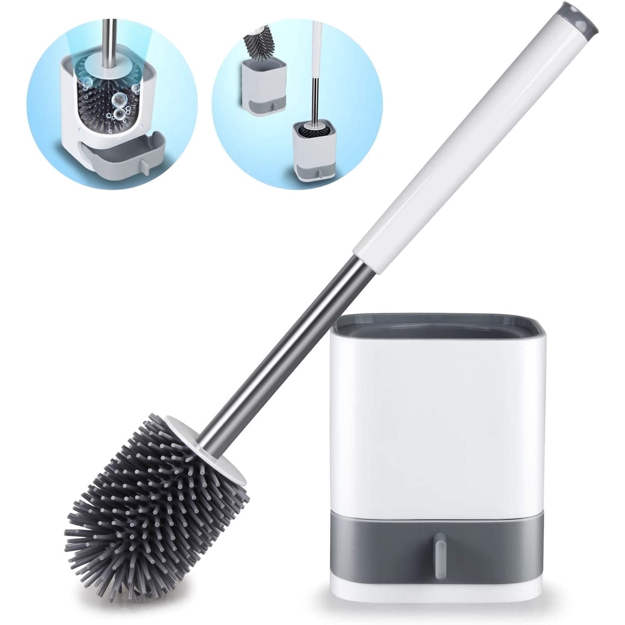 BCOOSS Toilet Brush and Holder Set, Bathroom Toilet Bowl Brush and Caddy Cleaner Anti Slip with Sturdy Soft Silicone Bristle Removable Water Drawer Quick Drying (White)