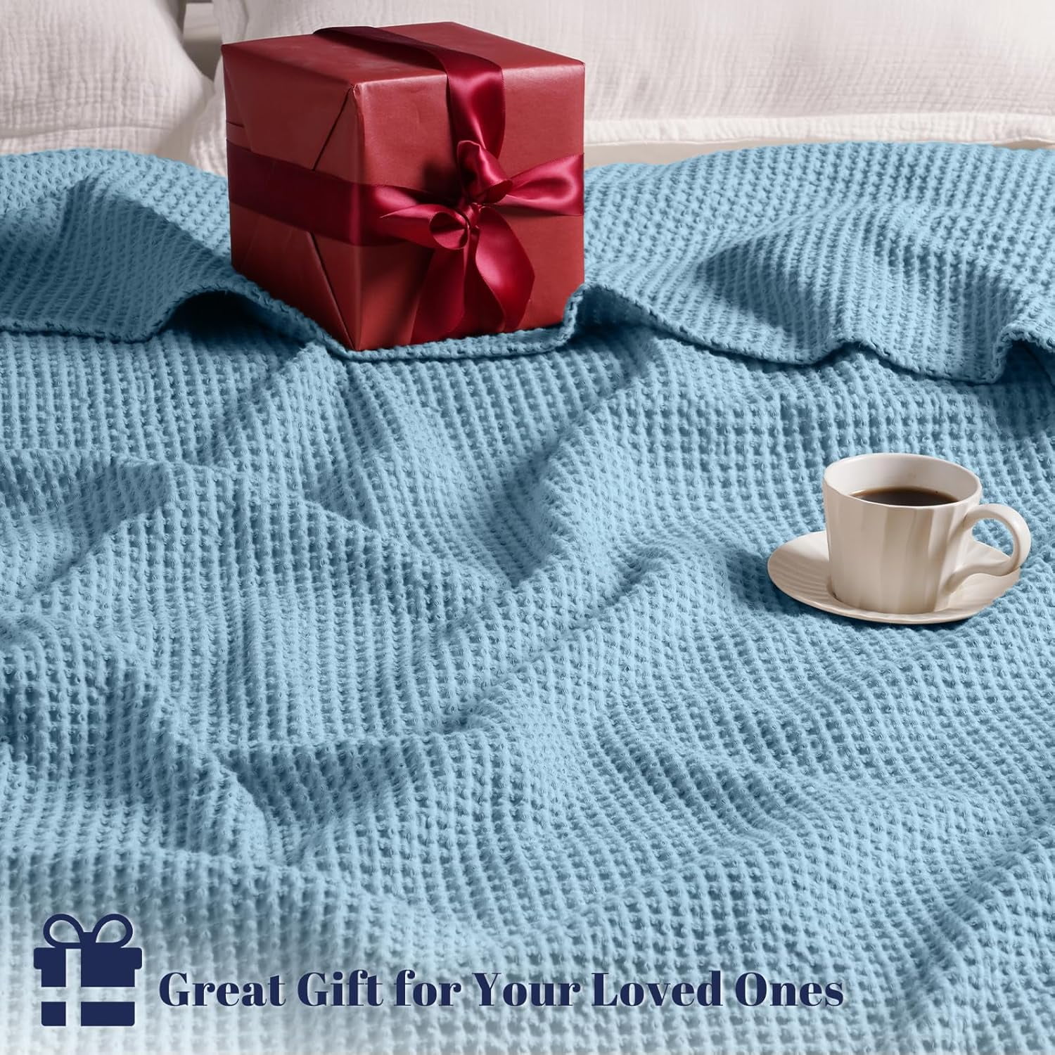 PHF Cotton Waffle Weave Blanket Twin Size for Bed, Lightweight Breathable Blanket for Couch, Home Decor Gift, Dusty Blue, 66"x 90"