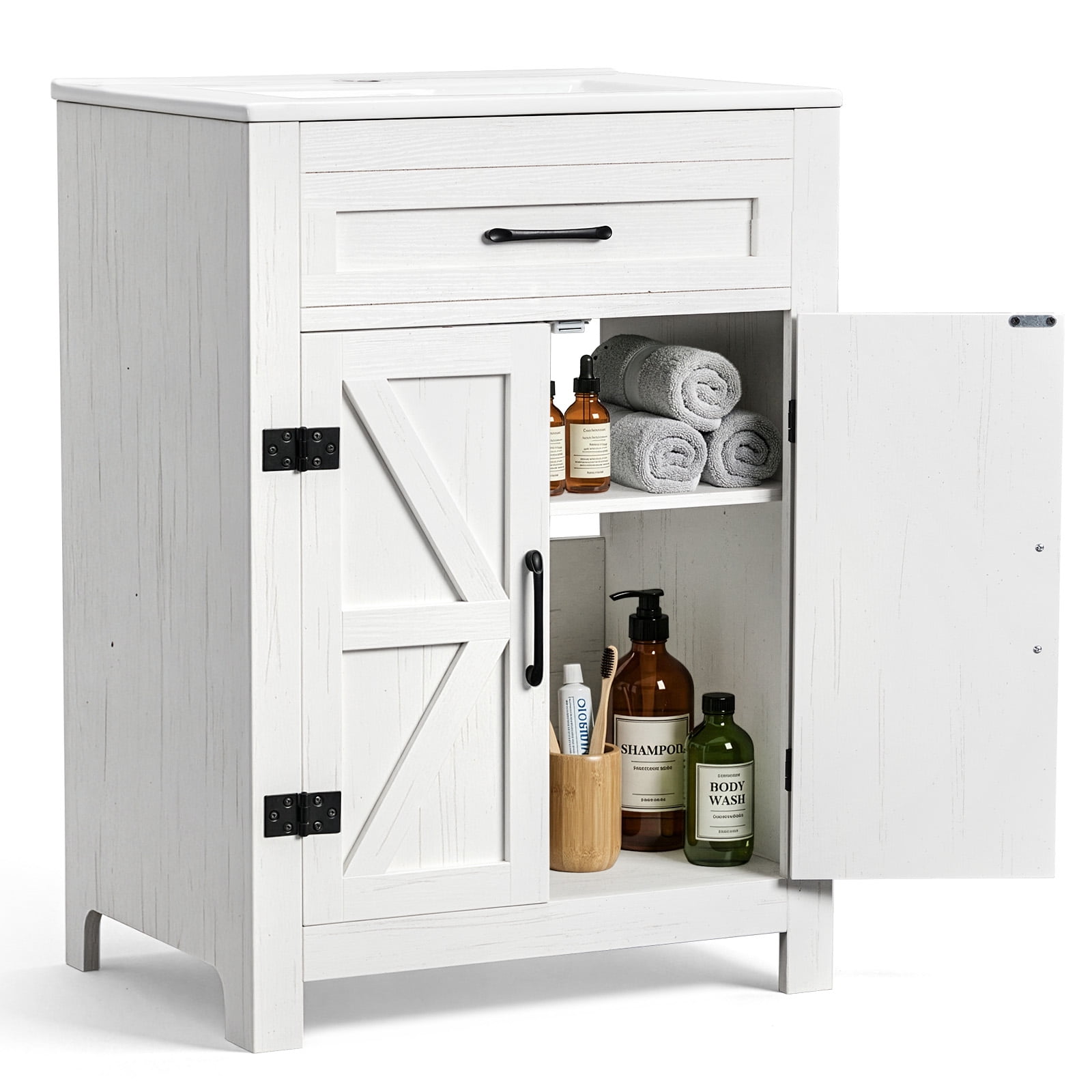 Ktaxon Farmhouse 24'' Bathroom Vanity Set with Sink Ceramic Top, Washed White (Split Two Packages for Delivery)