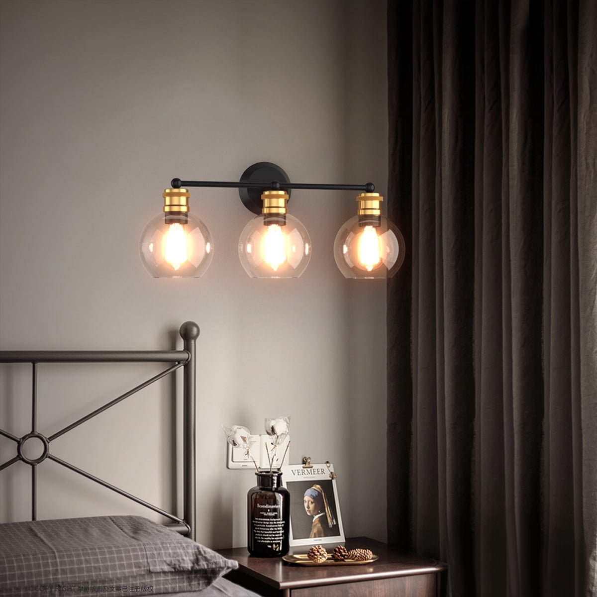 Costway 3-light Vanity Bathroom Light with 7 in Round Clear Glass Shade Vintage Wall Sconce