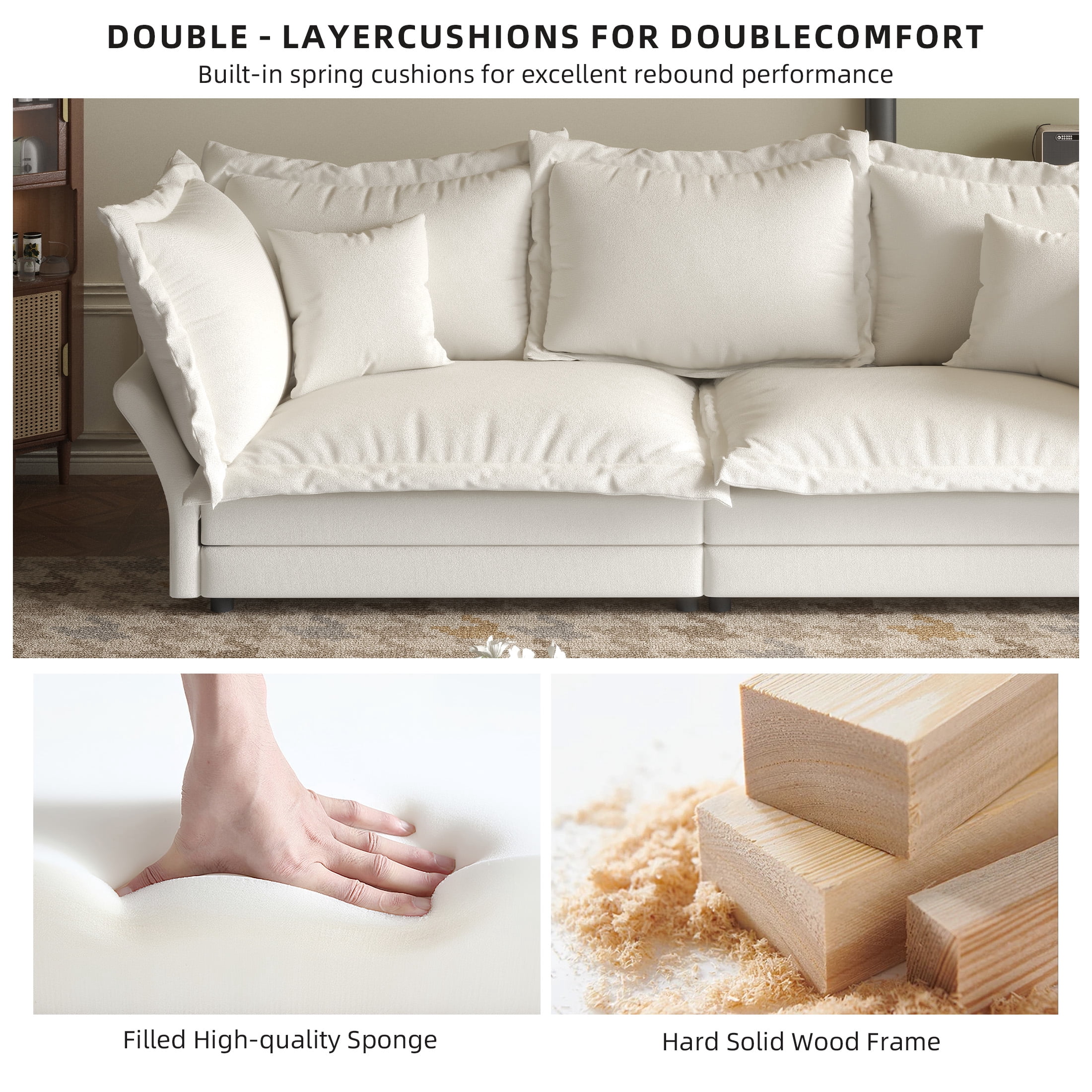Aukfa 90.55" Overstuffed Sofa Cloud Couch, Convertible Deep Seat Chaise Longue with Large Pillows for Living Room, Beige