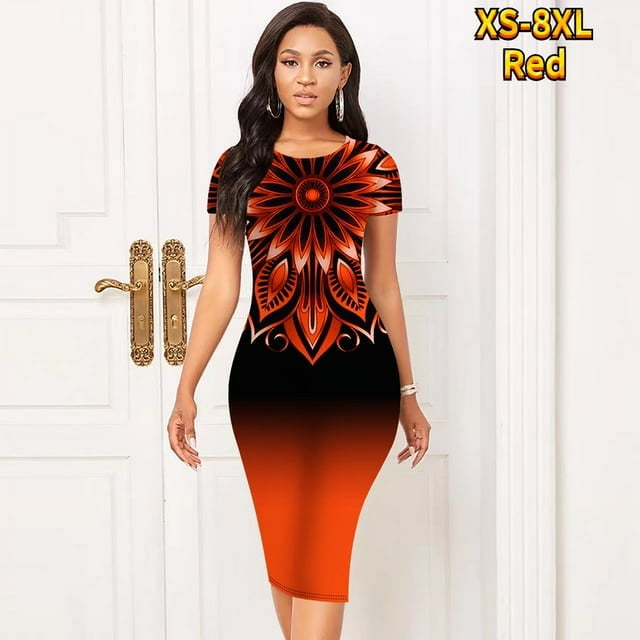 Nouvelle Tendance d'Été, Robe à Manches Courtes Imprimée, Col Rond, Longueur Genou, Femme, Style Rétro, Robe Moulante, Dégradé, Coupe Ajustée