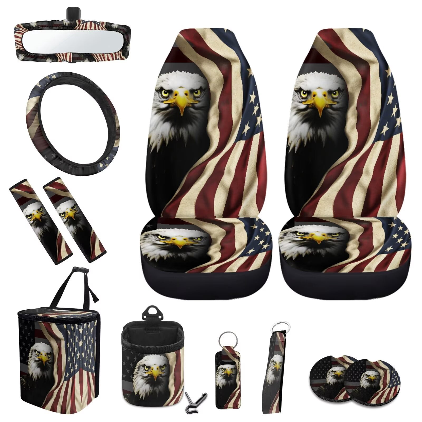 KUIFORTI Bald Eagle Car Seat Covers Front Seats American Flag Seat Belt Cover Pad, Steering Wheel Protector, Coasters, Chapstick Holder, Car Trash Can, Car Pouch Car Vent Pocket