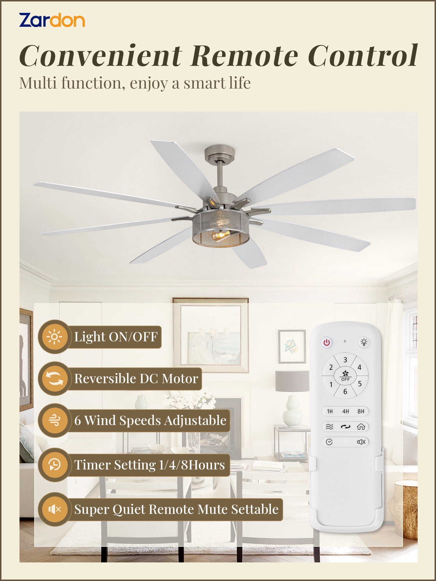 Zardon 72 Inch Farmhouse Ceiling Fan with Light and Remote Control, Quiet 6-Speed Reversible DC Motor, 8 Dual-Finish Blades for Indoor, Nickel