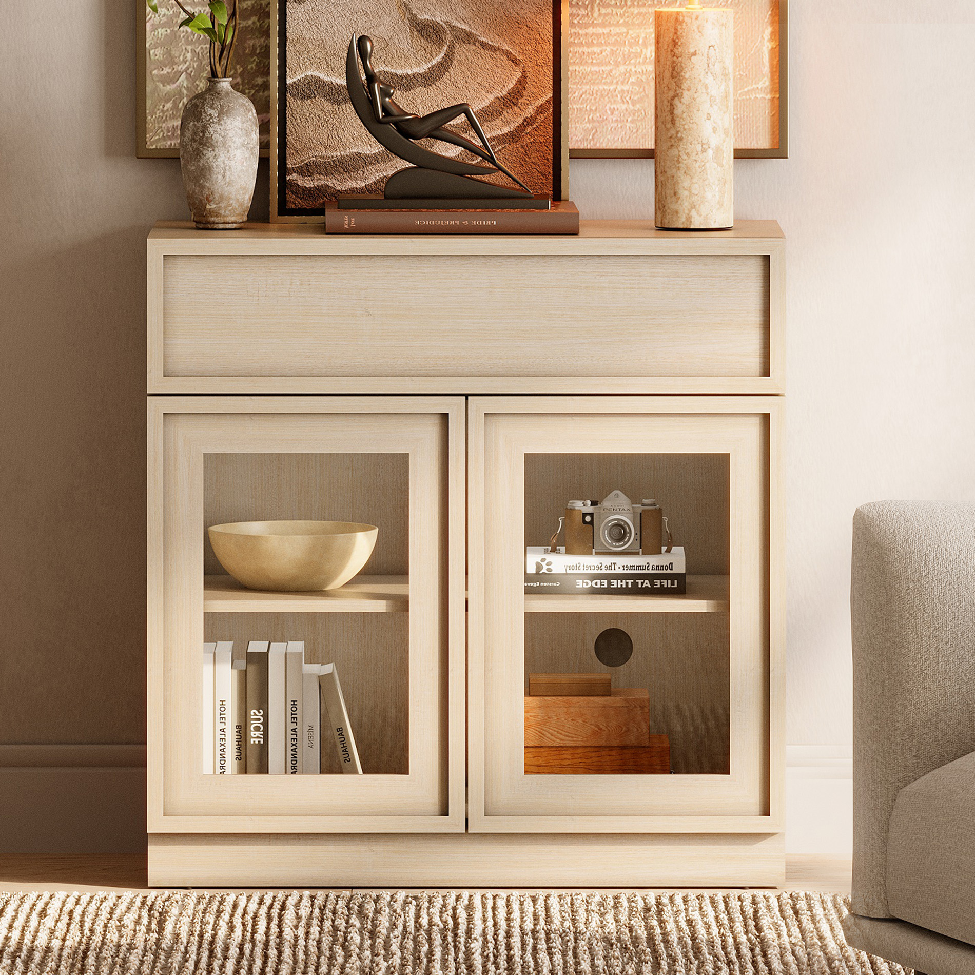 31.5" Modern Sideboard Buffet Cabinet with 2 Glass Doors and Drawer, Multifunctional Sideboard with Large Storage and Adjustable Shelf, Beige