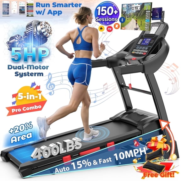 5HP Foldable Treadmill for Home w/ 15% Auto Incline, 400lbs Capacity, 10MPH Portable Treadmill, 64+7 Programs, Personalized Workout with APP,  Running Walking treadmill