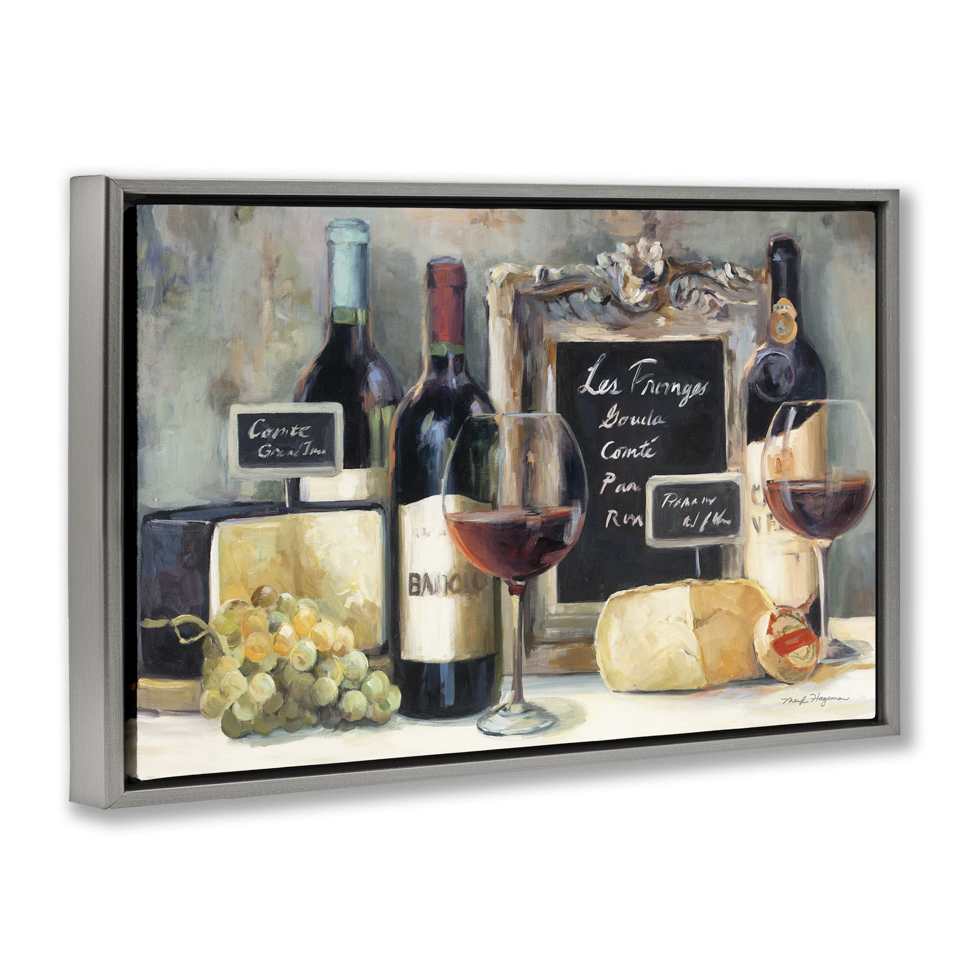 Stupell Industries Parisian Wine & Cheese Food & Beverage Painting Gray Floater Framed Canvas Art Print Wall Art, 25 x 17