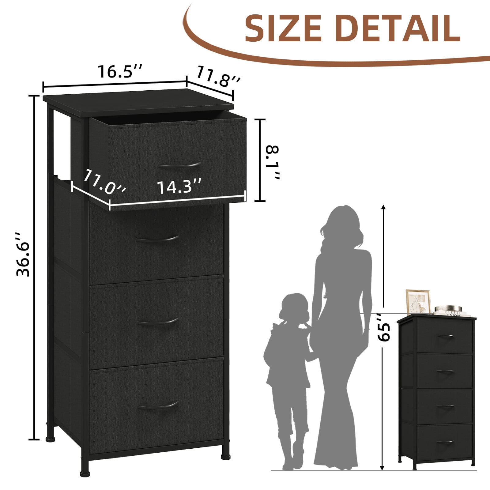 Eunos 4 Drawer Dresser, Chest of Drawers Fabric Vertical Tall Nightstand for Bedroom, Black